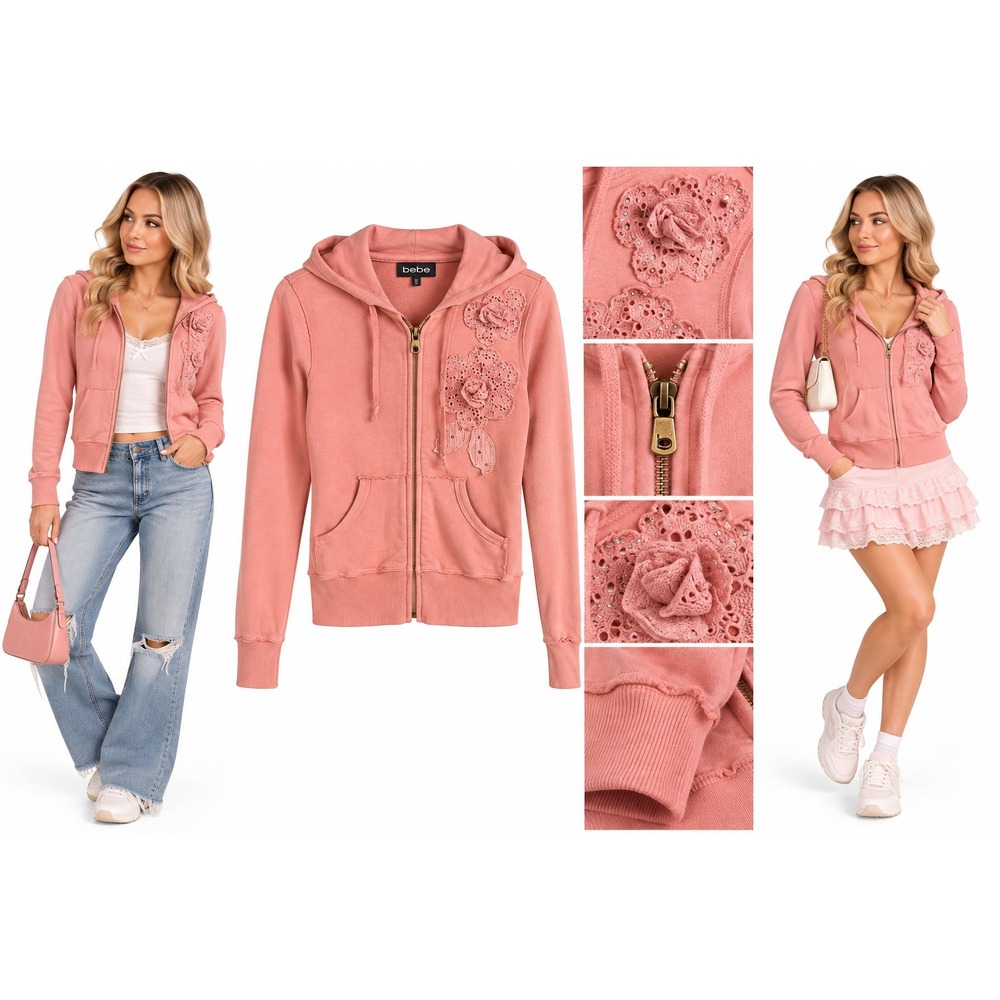 Bebe Hoodie S Pink Floral Eyelet Applique Sequin Zip Up Y2K Coquette Soft Girl